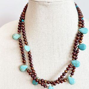 Turquoise Teardrop Bronze Pearl Double Strand Necklace Sterling Silver Bohemian